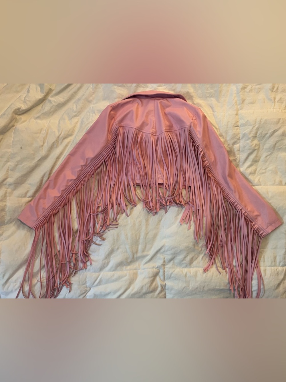 Dolls Kill Pink Cropped Fringe Faux Leather Moto Jacket - Picture 3 of 9